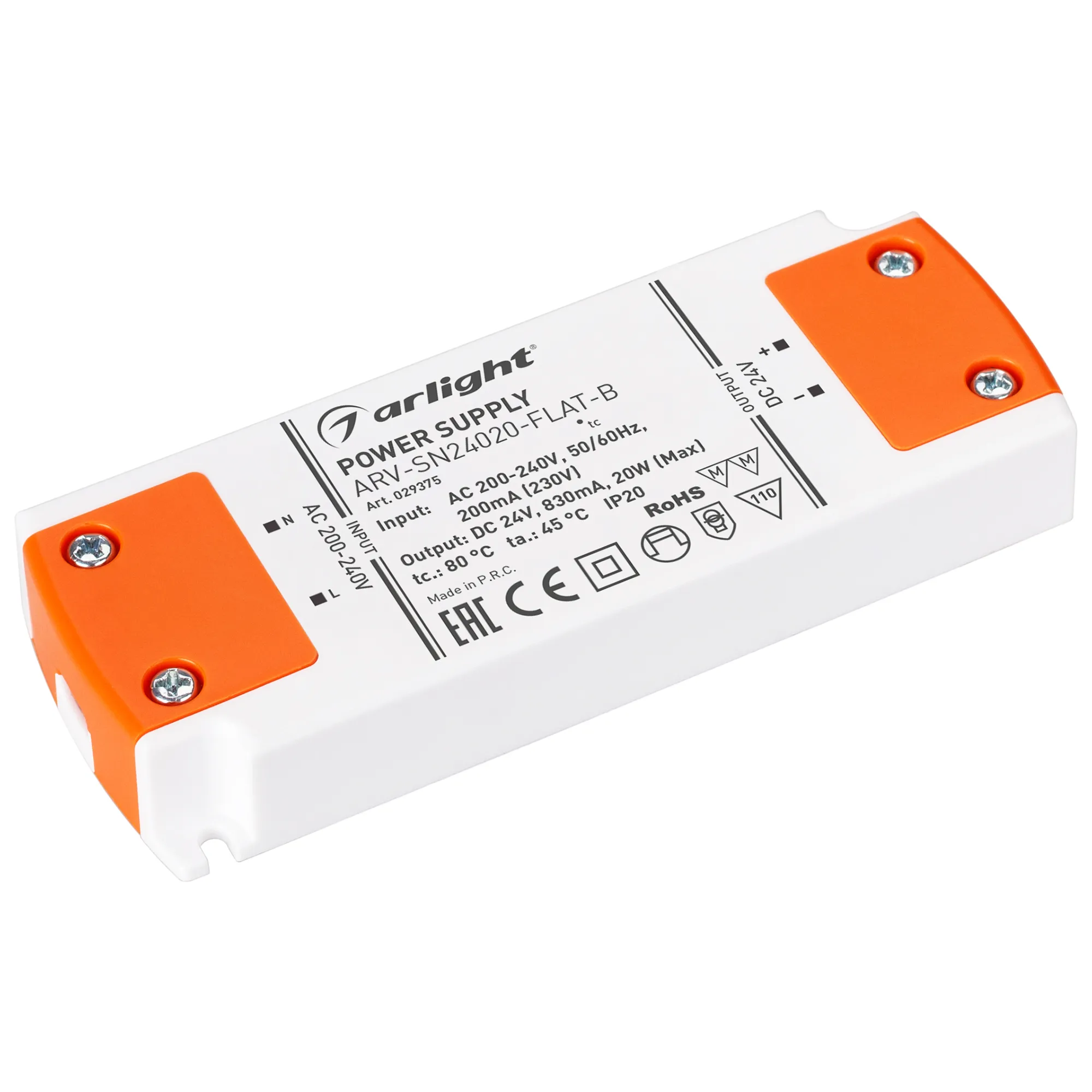 Блок питания ARV-SN24020-FLAT-B (24V, 0.83A, 20W) (Arlight, IP20 Пластик, 3 года) - изображение товара