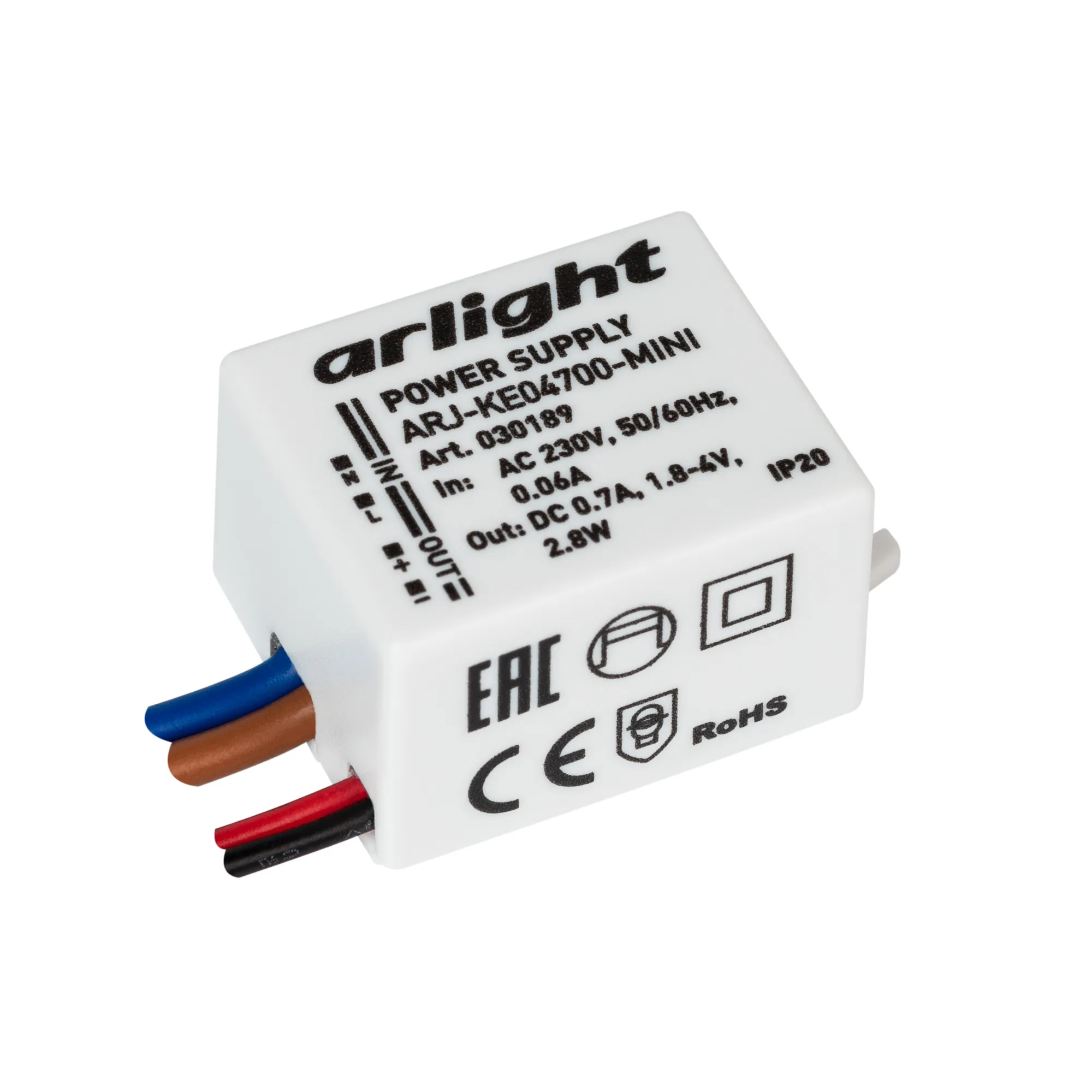 Блок питания ARJ-KE04700-MINI (2.8W, 700mA) (Arlight, IP20 Пластик, 5 лет) - изображение товара