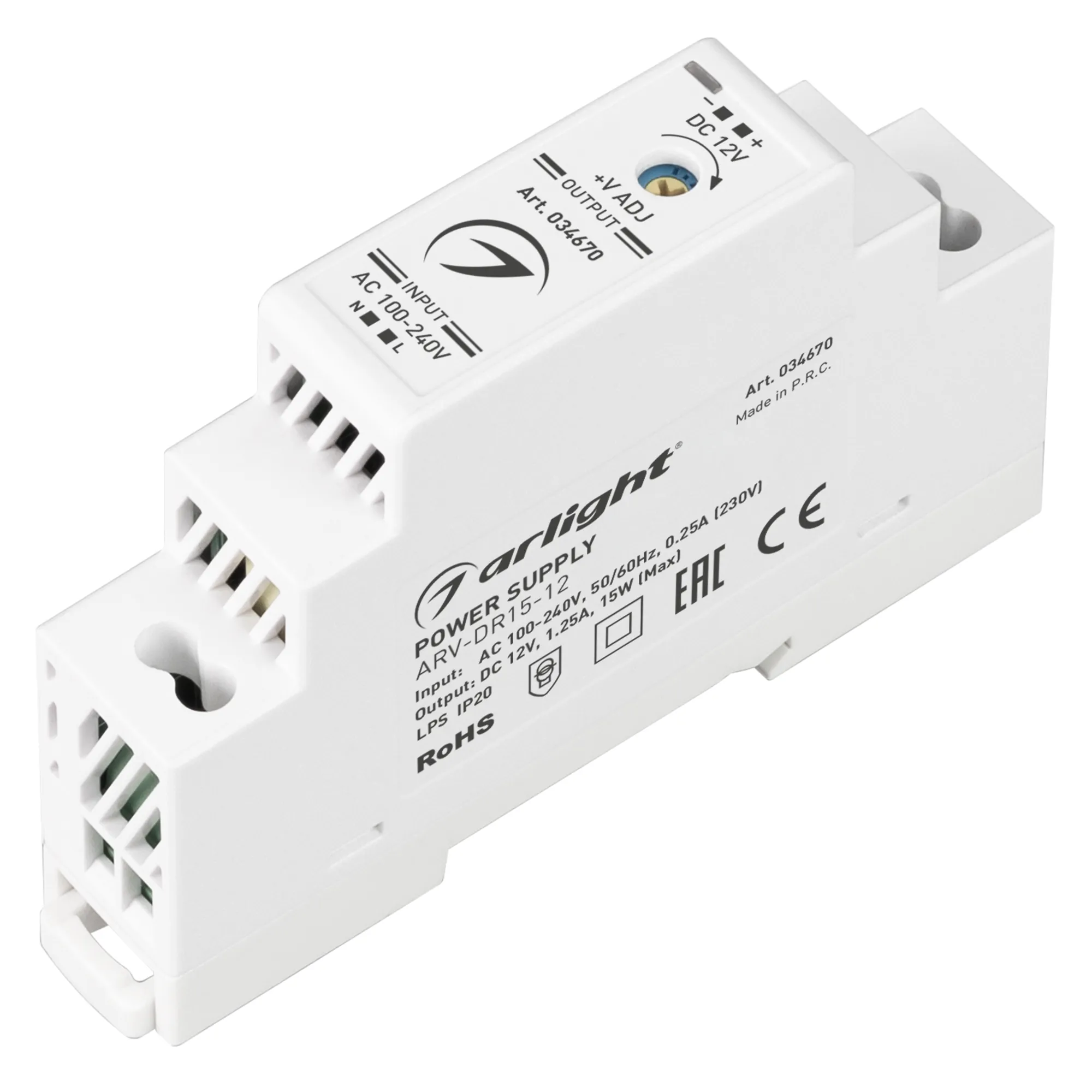Блок питания ARV-DR15-12 (12V, 1.25A, 15W) (Arlight, IP20 DIN-рейка) - изображение товара