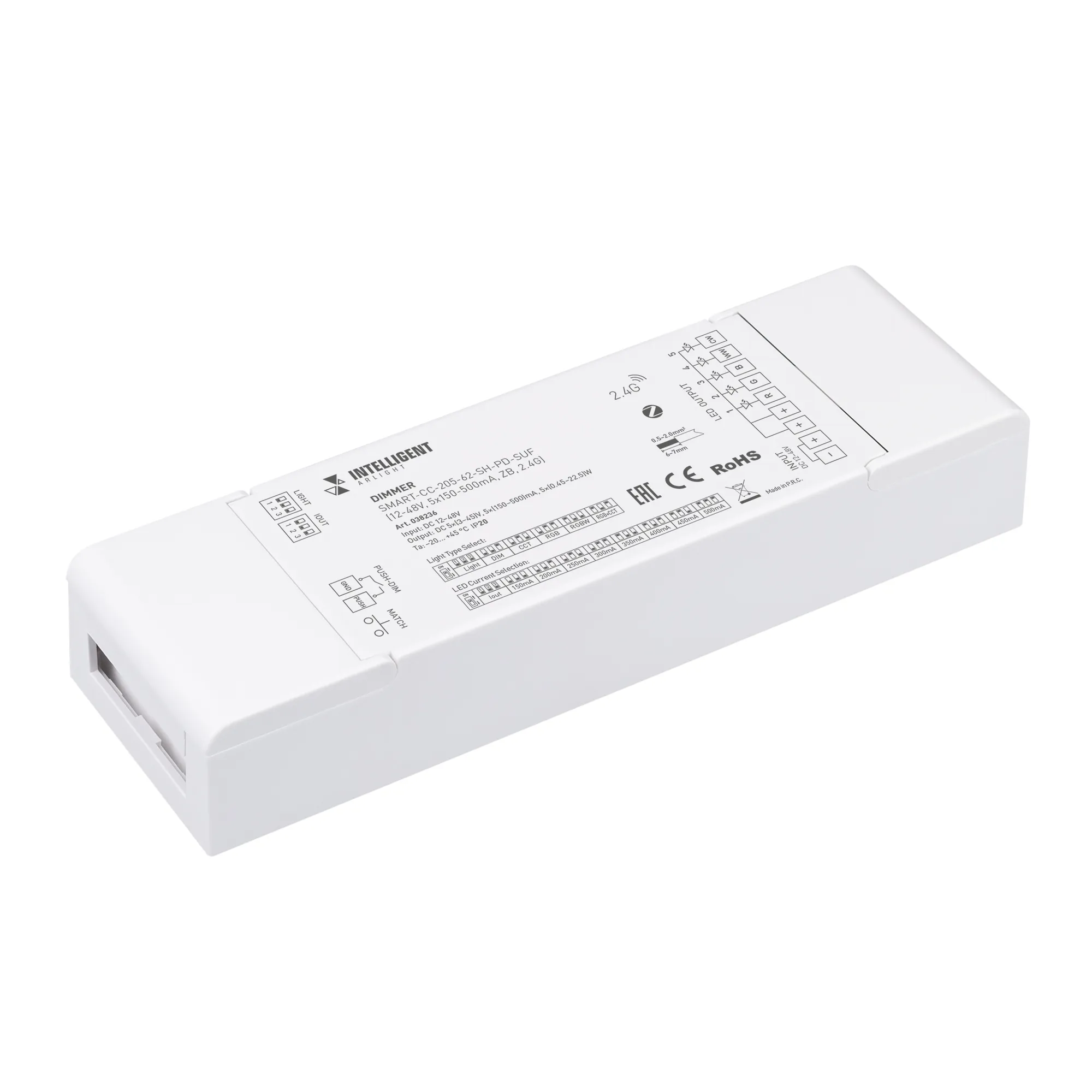 INTELLIGENT ARLIGHT Диммер SMART-CC-205-62-SH-PD-SUF (12-48V, 5x150-500mA, ZB, 2.4G) (IARL, IP20 Пластик, 5 лет) - изображение товара