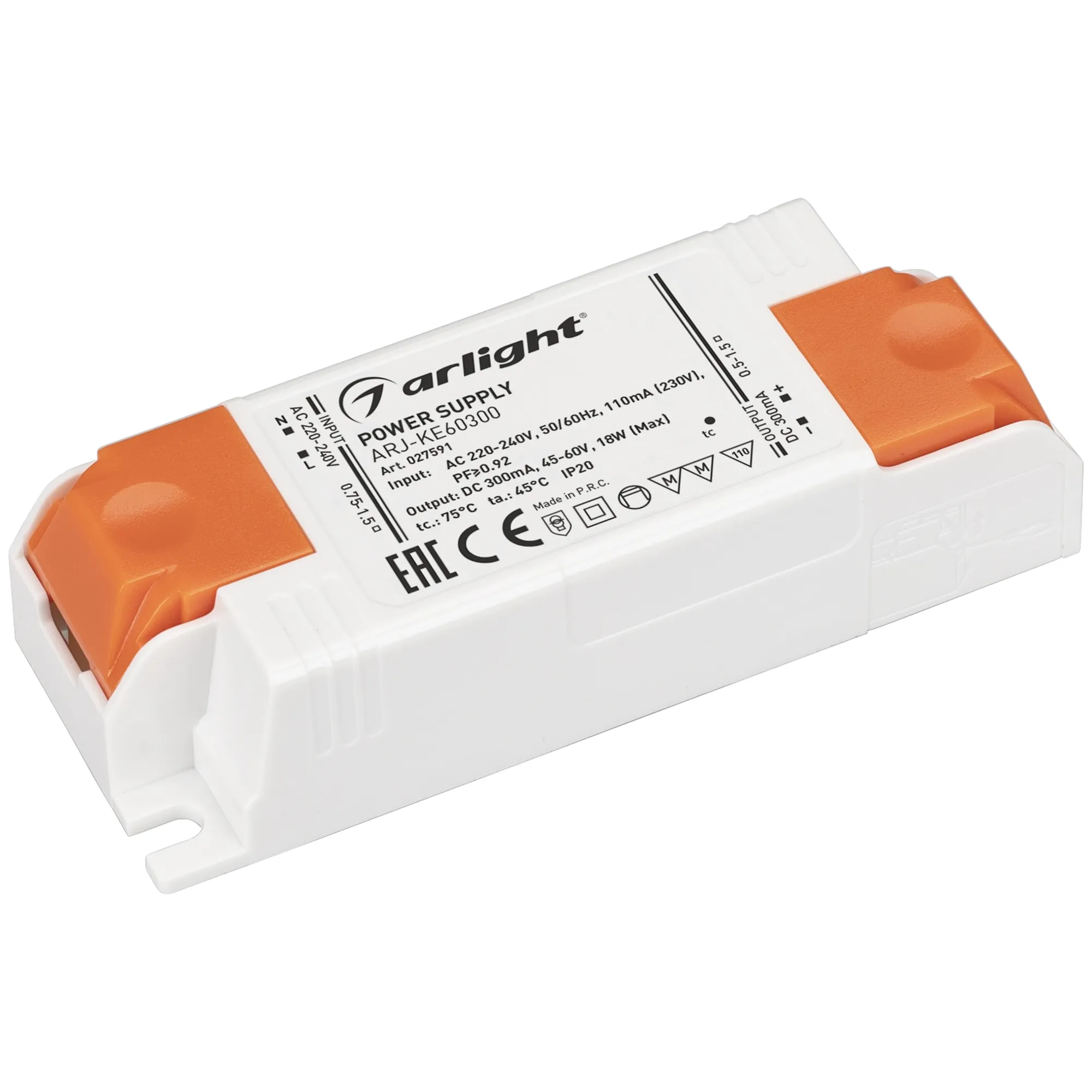Блок питания ARJ-KE60300 (18W, 300mA, PFC) (Arlight, IP20 Пластик, 5 лет) - изображение товара